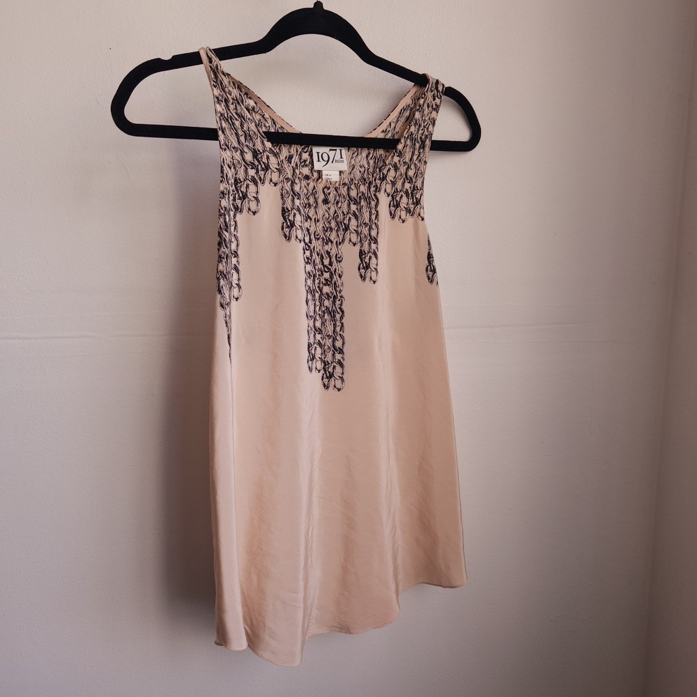 Reiss 1971 100% Silk Blush Pink Navy Print Sleeveless Blouse Size 6 Boho - Picture 2 of 13